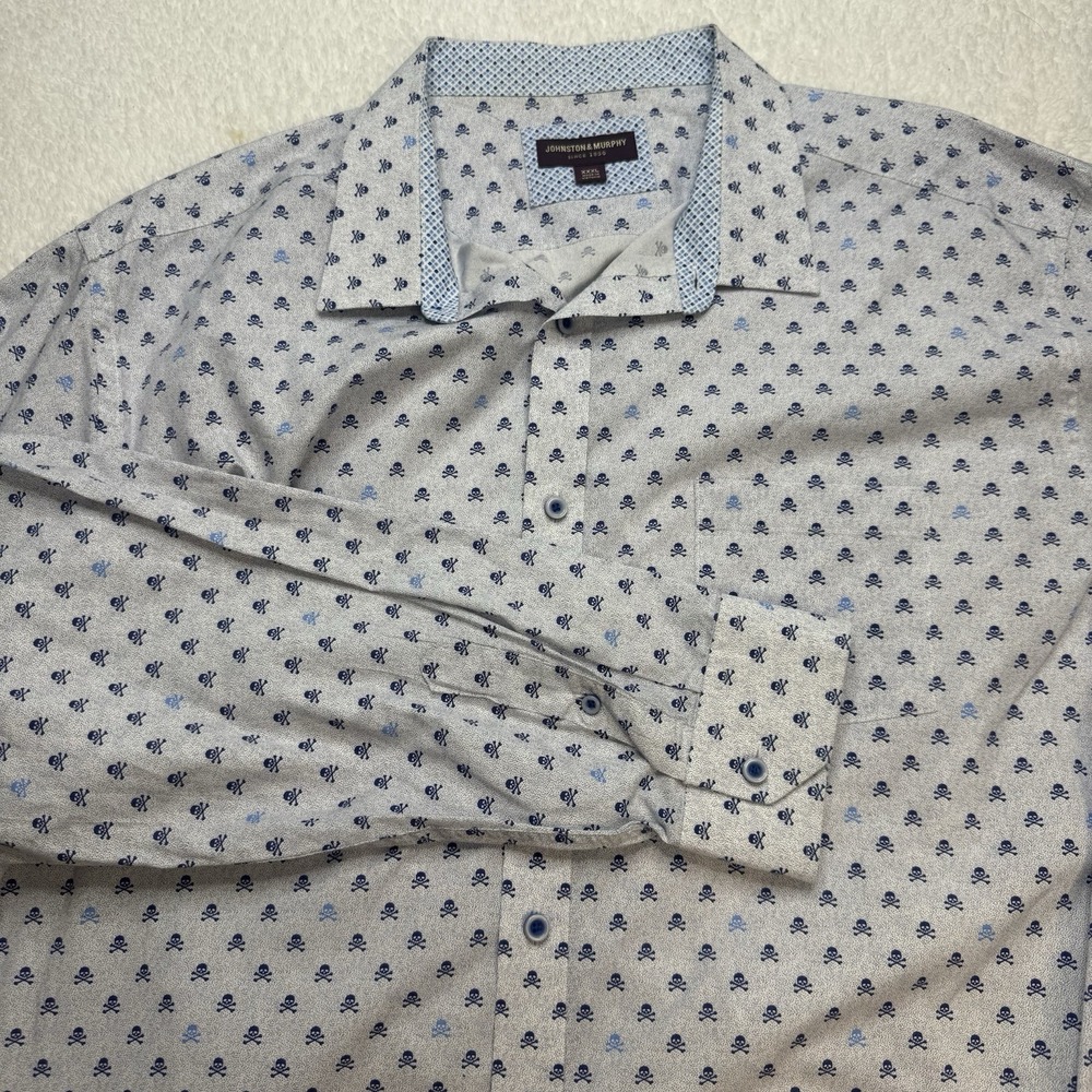 Johnston & Murphy Button Down Shirt Mens 3XL Blue Skulls Print Flip Cuff